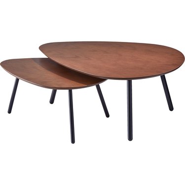 Minimal wood midcentury nesting coffee tables with irregular oval design