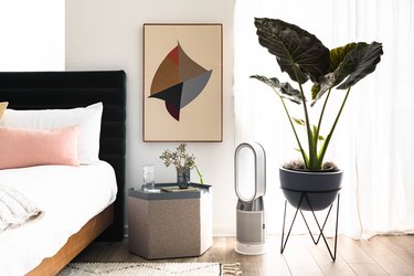 Air purifier in bedroom with neutral-white color theme and large plant