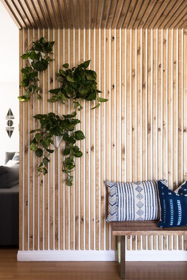 A wood panel wall, and hanging plants, and a wood bench with Shibori pillows.