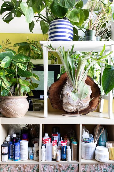 Shelving unit with potted plants, painting supplies, and building materials against white wall and yellow tapestry craft room organization ideas