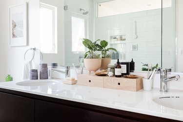 white bathroom countertop with dark wood cabinets and plywood storage box and modern plant and chrome faucet