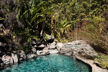 An in-ground pool surrounded by rocks and a natural green setting