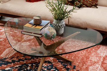 Mid century modern glass coffee table, area rug, plant, books, sofa.
