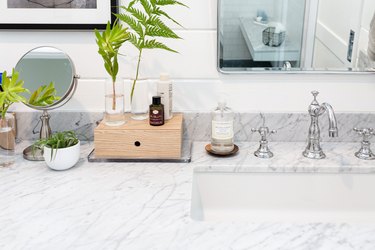 marble vanity countertop, undermount sink, silver faucet and handles