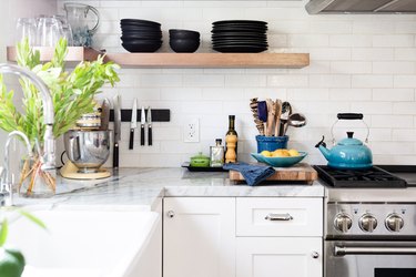 Kitchen with white brick backsplash