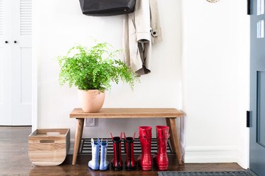 Entryway with bench, plant and coat hanger.