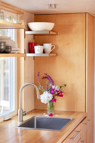 self-rimming sink in wood kitchen