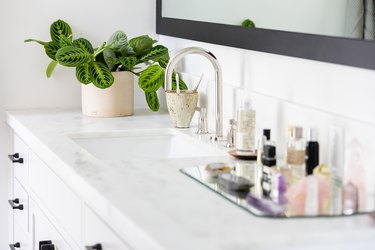 White vanity countertop with a potted plant and sink