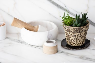 Granite countertops with a potted plant and a mortar-pastel