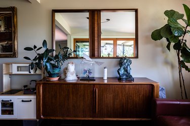 A wood sideboard with plants and a mirror