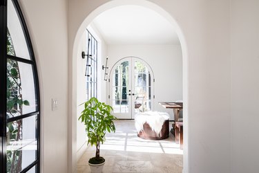 An arch doorway with a plant in a Mediterranean styled home