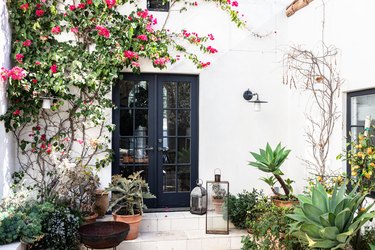 Black French doors on a white Mediterranean styled home with plants and trees