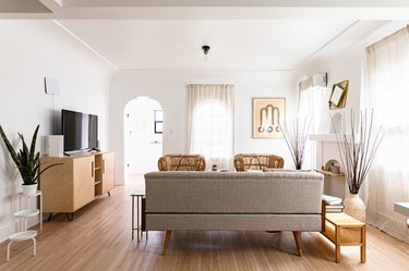 Boho living room with flush mount light fixture