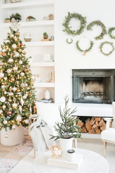 White living room with boho christmas decor