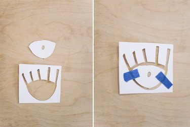 a composite of two images showing how to trim and tape a template for an eye graphic