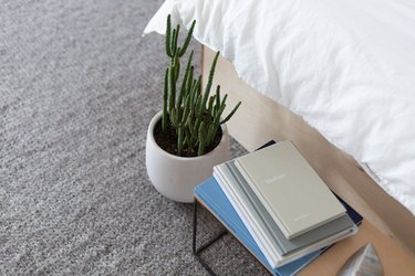 Bed side table with books and plant