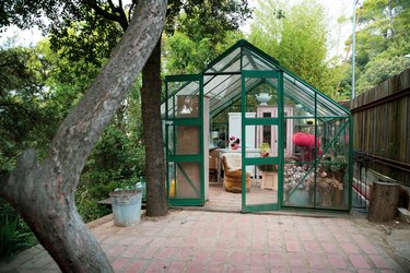 A green greenhouse in a backyard with a brick path and wood fence