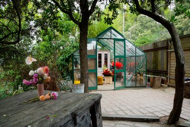 A green greenhouse in a backyard with a wood fence and wood dining table