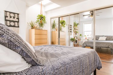 Bedroom with skylight, textile wall hanging, wood dresser, houseplants, hanging plants, mirrored closet doors, and ornate blue-white bedding.