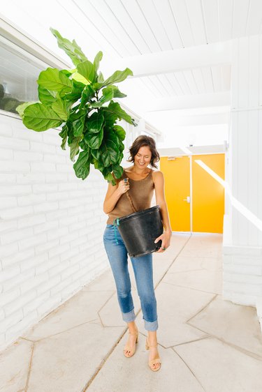 a woman carries a large potted plant through a a hallway with white walls, a stone floor, and yellow doors