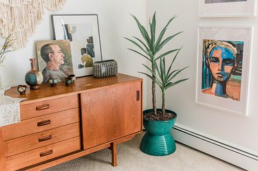Plant in green planter next to midcentury-style wood credenzer/dresser in living room
