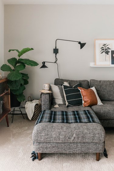 Gray sofa with pillows in white-walled room with plant and industrial lamp