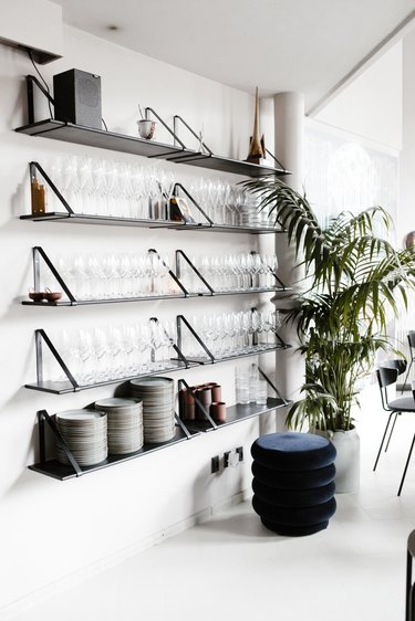 White walled Minimalist bar with shelving supporting glassware next to palm plant