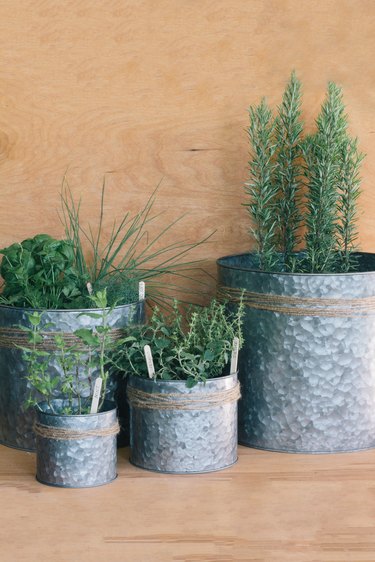 Metal planters with decorative jute twine and plants
