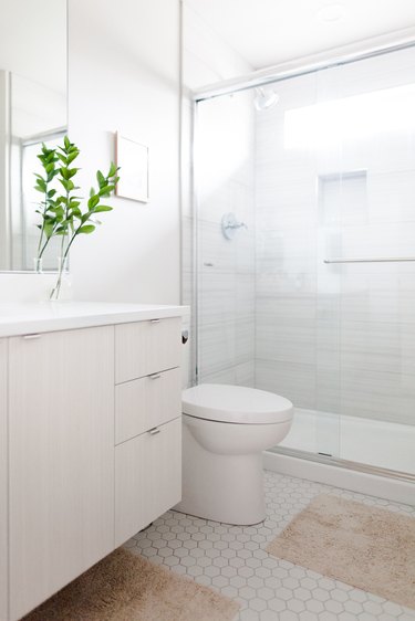 white hexagon tile, glass shower door, gray shower wall, wood vanity, green plant on top of the vanity, bath rugs in a rust color are on the floor