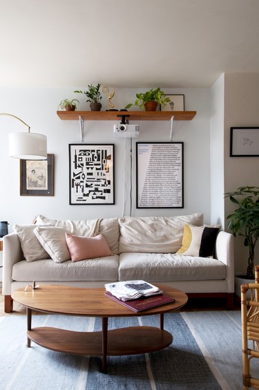 Couch and coffee table in bohemian living room