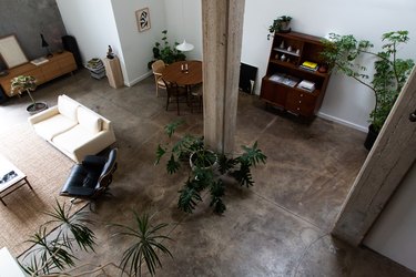 mid-century dining and living room shot from above