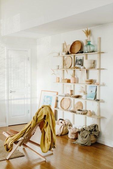 Boho living room with open bookshelf