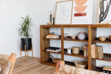 Wooden bookshelf with books and other decorative trinkets next to a plant in a black pot.