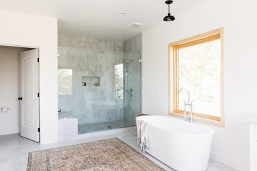 Walk In Shower with Turquoise Blue Cement Tiles - Transitional - Bathroom