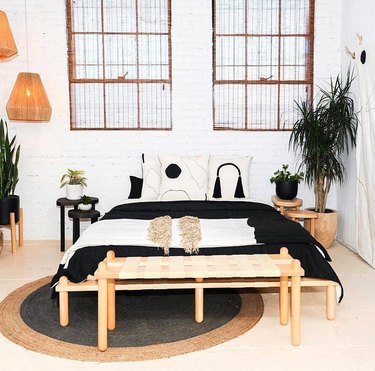 Black, white, and wood minimal bedroom 