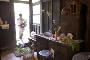 Woman bringing vegetables into kitchen
