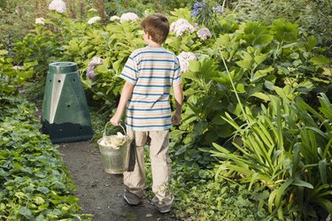 Rear view of boy in garden with compost bin