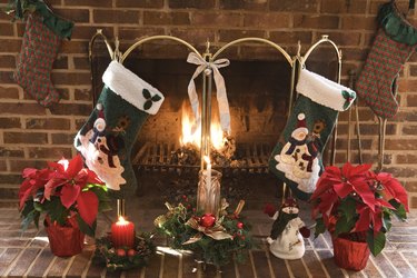 Fireplace decorated with Christmas stockings
