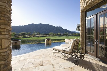 Sunlounger with view of mountains in Palm Springs, Riverside County, California