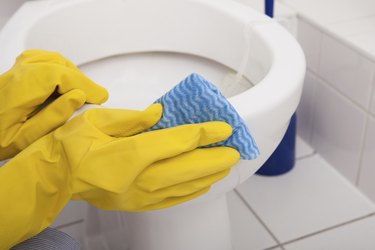 Person's Hand Cleaning Toilet