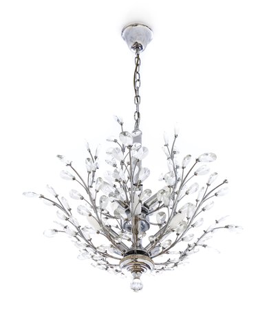 White home interior - Crystal chandelier with hanging crystals.
