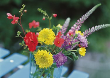 Freshly picked flowers on a table outside
