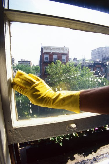 Rubber gloved hand washing window