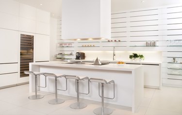 modern white kitchen with open shelving