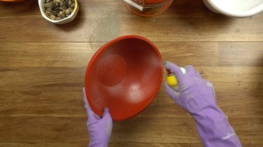 Using cooking spray as a concrete release agent for DIY tabletop concrete fire bowl.