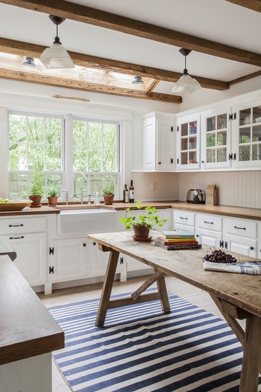 striped area rug in country kitchen