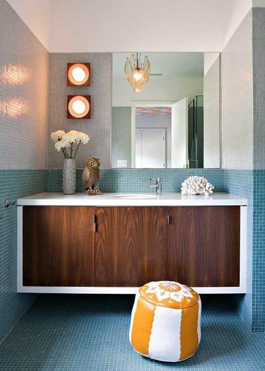 midcentury bathroom tile idea with light blue and gray mosaic