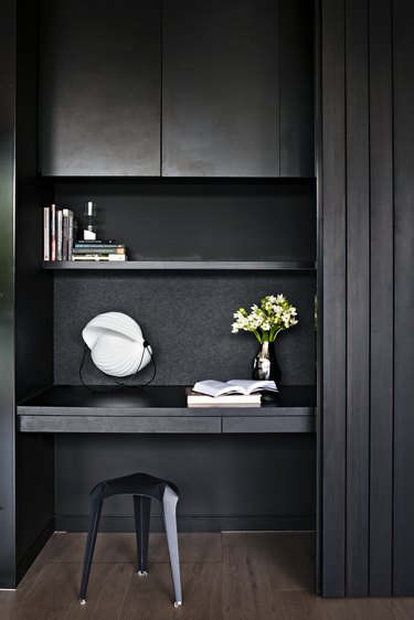 black home office nook with all black fixtures and furniture