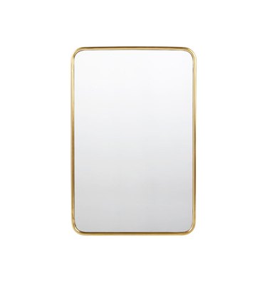 Rounded rectangular mirror with aged brass frame