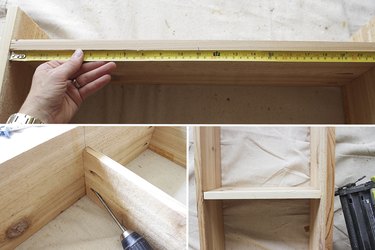 Measure and attach divider with pocket hole screws and shelves with nail gun.